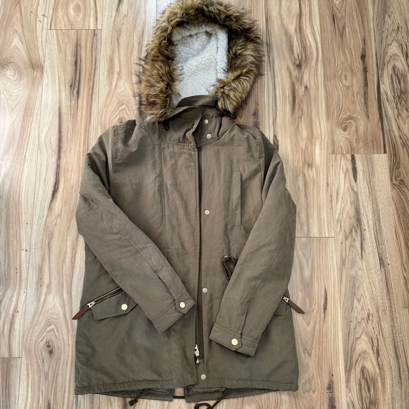 Women’s Small Love Tree Olive Green Hooded Sherpa Lined Coat - Picture 1 of 10